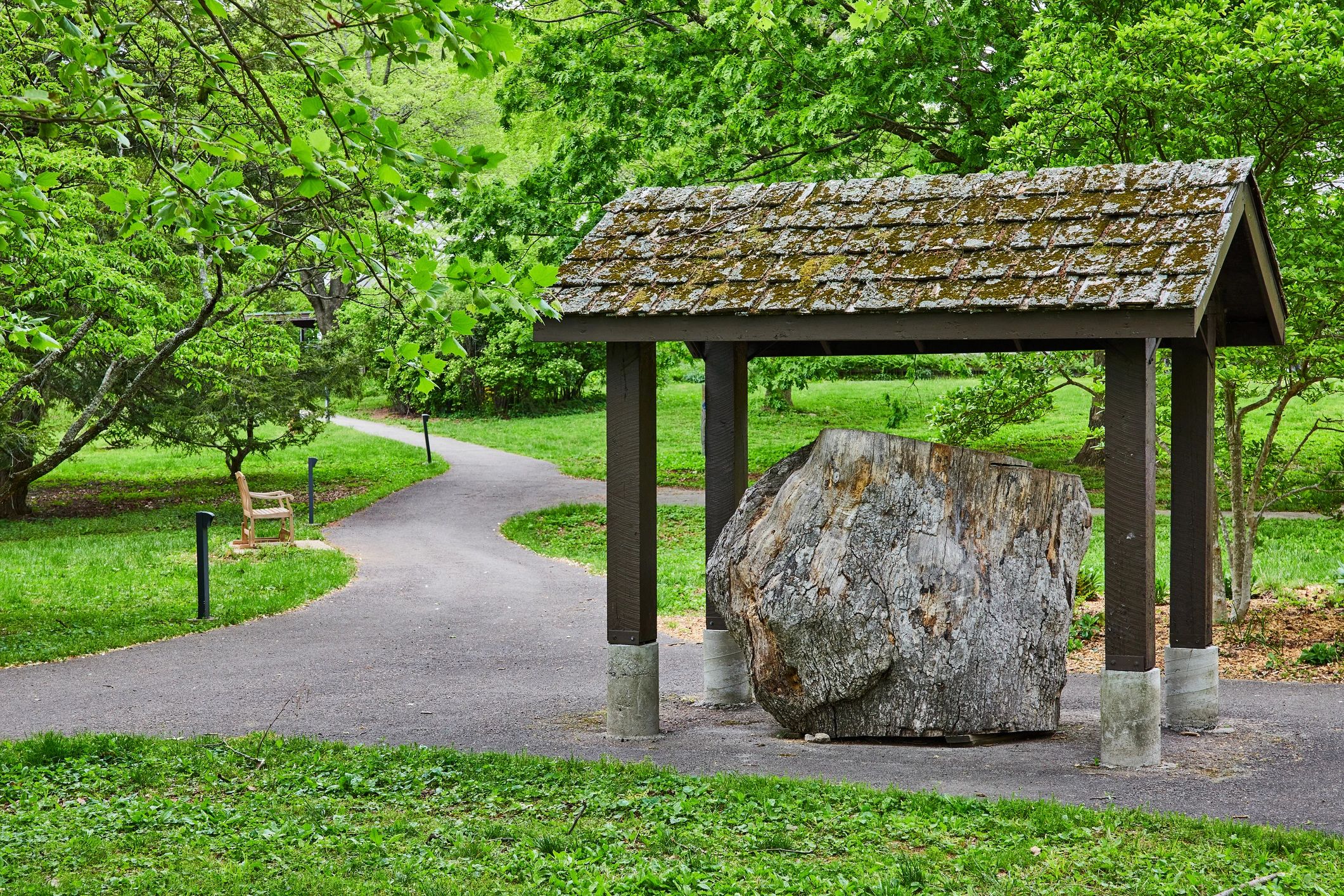 Park trail with large rock shelter and bench